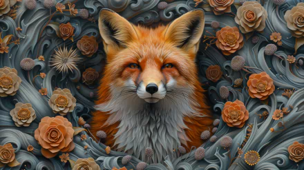 HD desktop wallpaper of a red fox with a detailed floral pattern background.