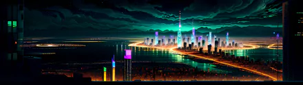 cityscape panorama neon night waterfront HD Desktop Wallpaper | Background Image