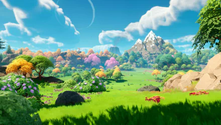 HD desktop wallpaper featuring vibrant scenery from the video game Lightyear Frontier with lush green fields and colorful trees.