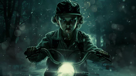 HD Stranger Things-themed desktop wallpaper featuring a mysterious character on a bike in a dark, eerie forest setting.