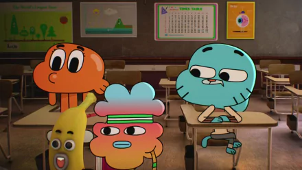 HD wallpaper featuring characters from *The Amazing World of Gumball*: Gumball Watterson, Darwin Watterson, and friends in a classroom setting.