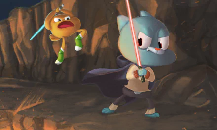 HD desktop wallpaper featuring Gumball Watterson as a Jedi with a lightsaber and Darwin Watterson in a 'The Amazing World of Gumball' themed illustration.