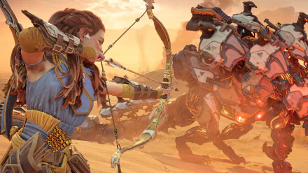 Aloy from Horizon Forbidden West aiming her bow at a robotic creature in an HD desktop wallpaper.