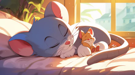 HD desktop wallpaper of Tom and Jerry lounging peacefully, capturing a serene moment between the classic animated cat and mouse duo.