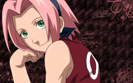 A vibrant HD wallpaper featuring Sakura Haruno from the anime Naruto, showcasing her characteristic pink hair and green eyes against a dark floral background.