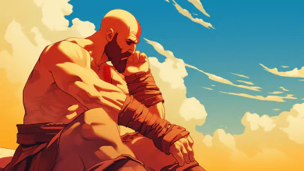 Anime style illustration of Kratos from God of War as an HD desktop wallpaper with a vibrant sky background.