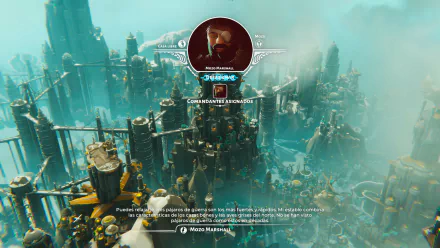 HD wallpaper from Bulwark: Falconeer Chronicles video game featuring a character dialogue screen and an expansive aerial view of a bustling fantasy cityscape.