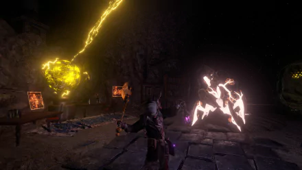 Outward game HD wallpaper featuring an intense magic combat scene with vibrant spell effects for desktop background.