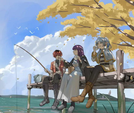 HD anime desktop wallpaper featuring Stark, Fern, and Frieren from Frieren: Beyond Journey's End sitting together on a dock under a bright blue sky with autumn leaves.