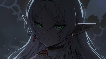 Close-up of Frieren from the anime Frieren: Beyond Journey's End with glowing green eyes and detailed shading, featured as an HD PC desktop wallpaper.