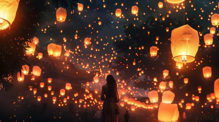 A serene night scene featuring numerous glowing lanterns illuminating the sky, with a silhouette of a person surrounded by a magical atmosphere. HD desktop wallpaper background.