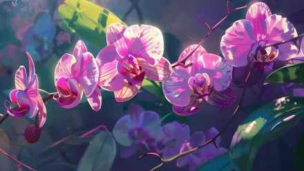 A vibrant HD desktop wallpaper featuring a beautiful arrangement of pink orchids, showcasing their intricate petals and lush green leaves in a serene setting.