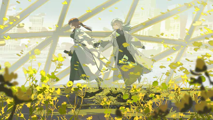 4K Ultra HD PC desktop wallpaper featuring Kafka and Stelle from Honkai: Star Rail standing amidst yellow flowers with a bright, geometric background.