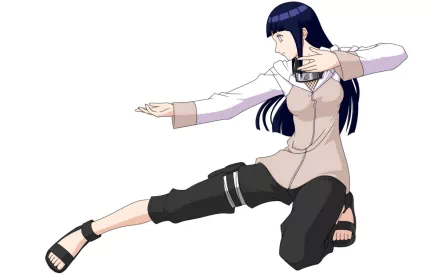 Hinata Hyuga from the anime Naruto strikes a dynamic pose in this HD desktop wallpaper, showcasing her unique style and graceful movement.