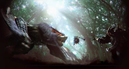 A dynamic scene featuring Nargacuga from Monster Hunter in a lush forest, showcasing intense action from the game, crafted as a high-definition desktop wallpaper.