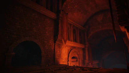 HD wallpaper of an eerie dungeon from the video game Elden Ring, featuring dimly lit archways and ancient architecture.