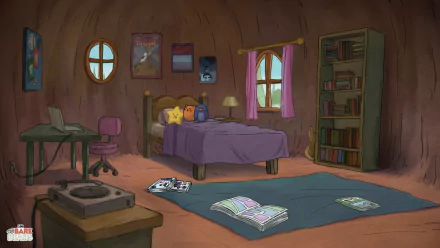 HD wallpaper featuring the We Bare Bears characters in a cozy, cartoon-style bedroom.