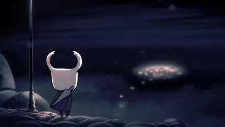 Hollow Knight character standing in atmospheric landscape, HD wallpaper for desktop background.