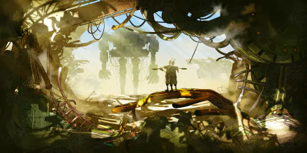 HD wallpaper featuring an artistic depiction of a SaGa Emerald Beyond video game scene with a character standing amidst intricate scenery.