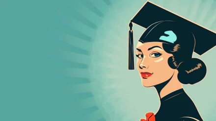 A confident woman in a graduation cap and gown gazes proudly, symbolizing achievement and celebration. This HD wallpaper captures the essence of college graduation.