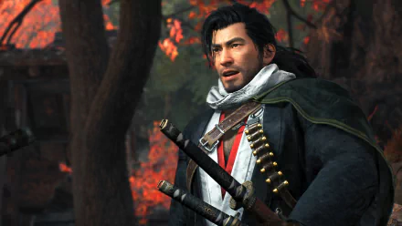 HD wallpaper of a samurai character from the video game Rise of the Rōnin, set against an autumnal forest backdrop.