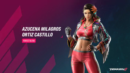 HD wallpaper featuring Azucena Milagros Ortiz Castillo from Tekken 8, showcasing her vibrant character design in a dynamic pose against a colorful background.
