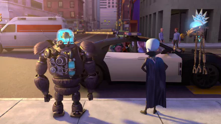 A vibrant HD wallpaper from Megamind vs. The Doom Syndicate, featuring characters in a dynamic urban scene with a futuristic vehicle and intriguing personalities.