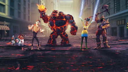 HD desktop wallpaper featuring characters from the movie Megamind, including Megamind and members of The Doom Syndicate, in an action-packed scene.