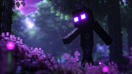 HD desktop wallpaper featuring the Minecraft character Enderman in a mystical forest setting with purple hues and glowing effects.