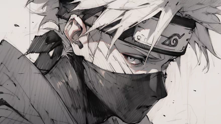 A high-definition wallpaper featuring Kakashi Hatake from the anime Naruto, depicted in a striking black-and-white manga style, capturing his intense expression and iconic features.