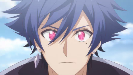 HD desktop wallpaper featuring a close-up of an anime character from 'The Banished Former Hero Lives as He Pleases' with distinctive pink eyes and tousled blue hair, expressing a determined look against a soft, blue sky background.