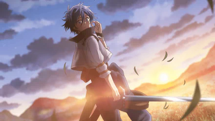 Anime wallpaper featuring a contemplative former hero with a sword, set against a vivid sunset backdrop, from The Banished Former Hero Lives as He Pleases series.