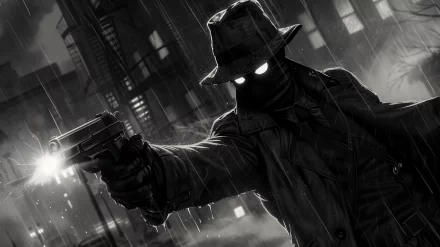 HD wallpaper of Spider-Man Noir in a comic-style artwork, featuring the iconic character in a trench coat and fedora, with a glowing-eyed mask, aiming a gun amidst a noir cityscape background.