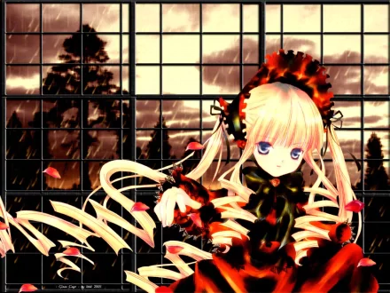 HD anime desktop wallpaper featuring a character from Rozen Maiden with long blonde hair and vivid blue eyes, set against a traditional shoji screen background.