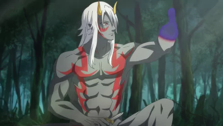 HD anime desktop wallpaper featuring a character from Re:Monster with white hair and red markings, sitting in a misty forest and holding a purple potion.