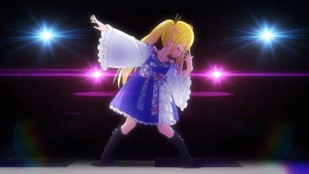 A vibrant HD desktop wallpaper featuring a female anime character in a colorful outfit, performing amidst dazzling lights. From the series A Salad Bowl of Eccentrics.