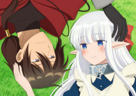 HD anime wallpaper featuring two characters from 'An Archdemon's Dilemma: How to Love Your Elf Bride' with one character lying in the grass and the other leaning over with a gentle smile.