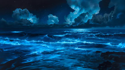 HD Wallpaper of bioluminescent waves in the ocean with a starry night sky in the background.