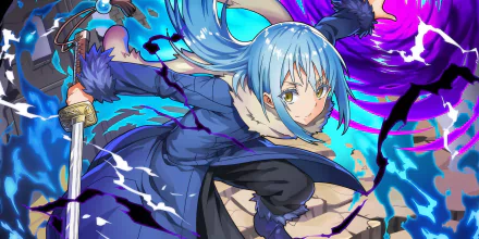 HD Anime Wallpaper featuring Rimuru Tempest from 'That Time I Got Reincarnated as a Slime' with dynamic purple and blue effects for desktop background.
