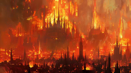 Fantasy kingdom engulfed in flames, showcasing a burning cityscape with towers and spires, for an HD desktop wallpaper and background.