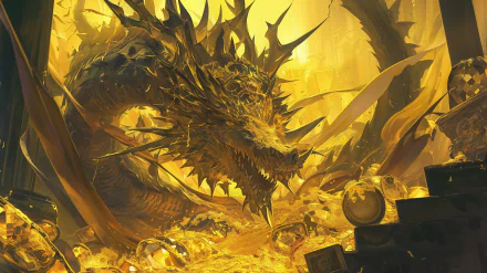 A majestic golden dragon guarding its treasure in a fantasy HD desktop wallpaper background.
