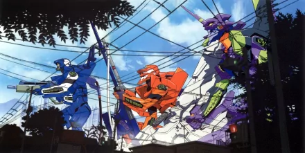 HD PC wallpaper of Neon Genesis Evangelion: Evangelion Units 02, 01 and 00 swing suspended by cables above a sunlit city — dynamic anime action with power lines and blue sky.