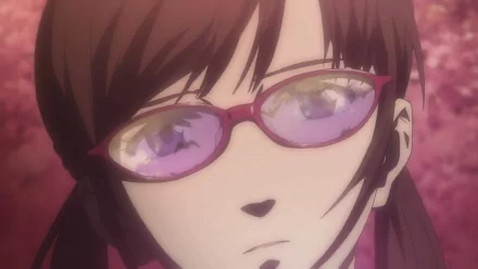 Close-up of Mari Makinami Illustrious in pink glasses with blurred cherry-blossom background — anime HD PC desktop wallpaper from Evangelion: 1.0 You Are (Not) Alone.