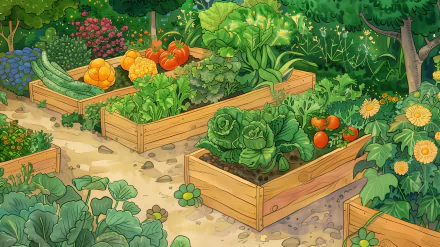 A vibrant vegetable garden featuring raised wooden beds filled with a variety of fresh vegetables, including tomatoes, lettuce, and squash, surrounded by lush greenery and colorful flowers.