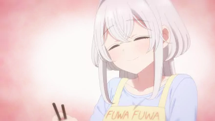 Anime-style HD desktop wallpaper featuring Towa from Studio Apartment Good Lighting Angel Included, smiling softly with a warm pink background.