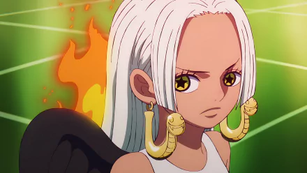 Anime-style 4K Ultra HD wallpaper featuring S-Snake from One Piece with striking star-shaped eyes, white hair, and snake-themed earrings against a vibrant green background.