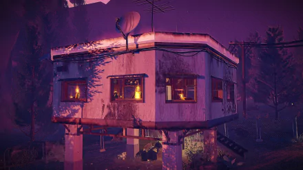 HD wallpaper of a twilight scene featuring a treehouse from the video game Children of the Sun, with warm lights illuminating the windows amidst a dusky forest setting.