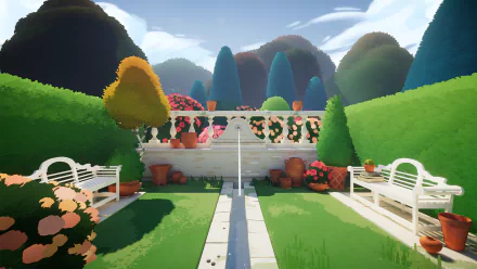 HD wallpaper featuring Botany Manor from a video game with vibrant garden and topiary design.