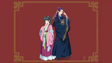 4K Ultra HD anime wallpaper featuring Jinshi and Maomao from The Apothecary Diaries, set against a deep red background with ornate gold border accents.