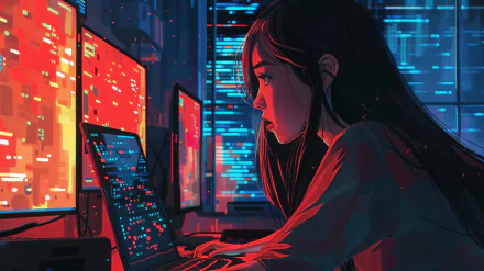 A woman intently focuses on her laptop, surrounded by vibrant computer monitors displaying code in red and blue, creating a striking HD desktop wallpaper.